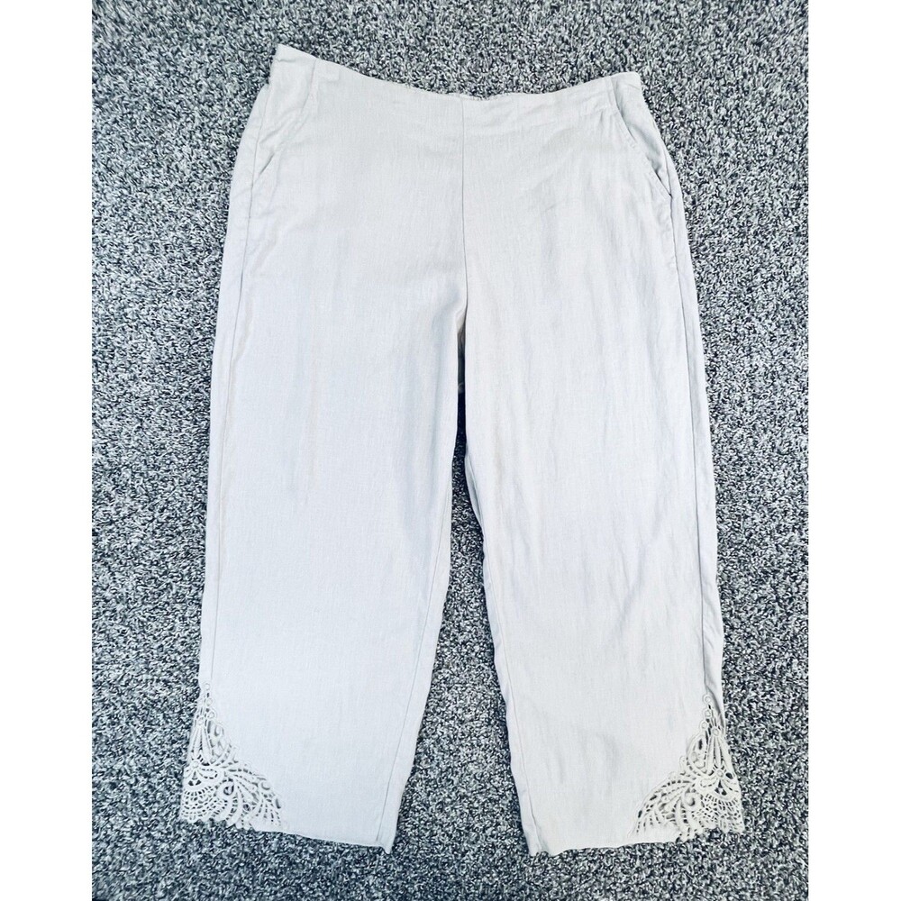 New Directions L Tan Capri Pants Appliqué Ankle Cropped Linen Blend Breathable